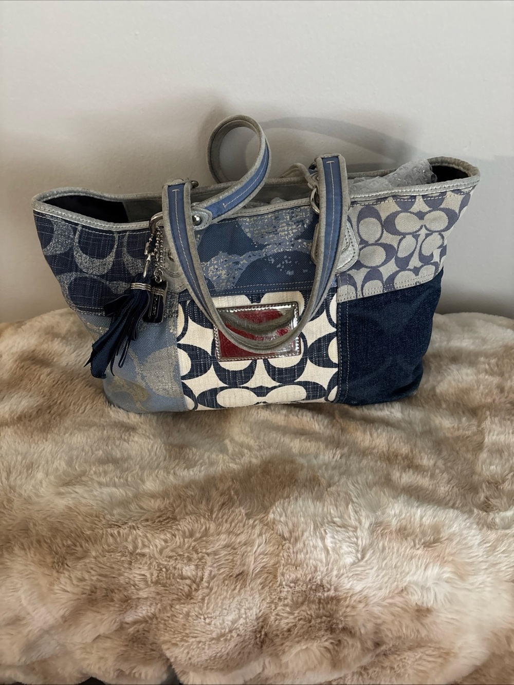 Coach Blue denim Y2K Patchwork Signature Tote with Tassel /Charm